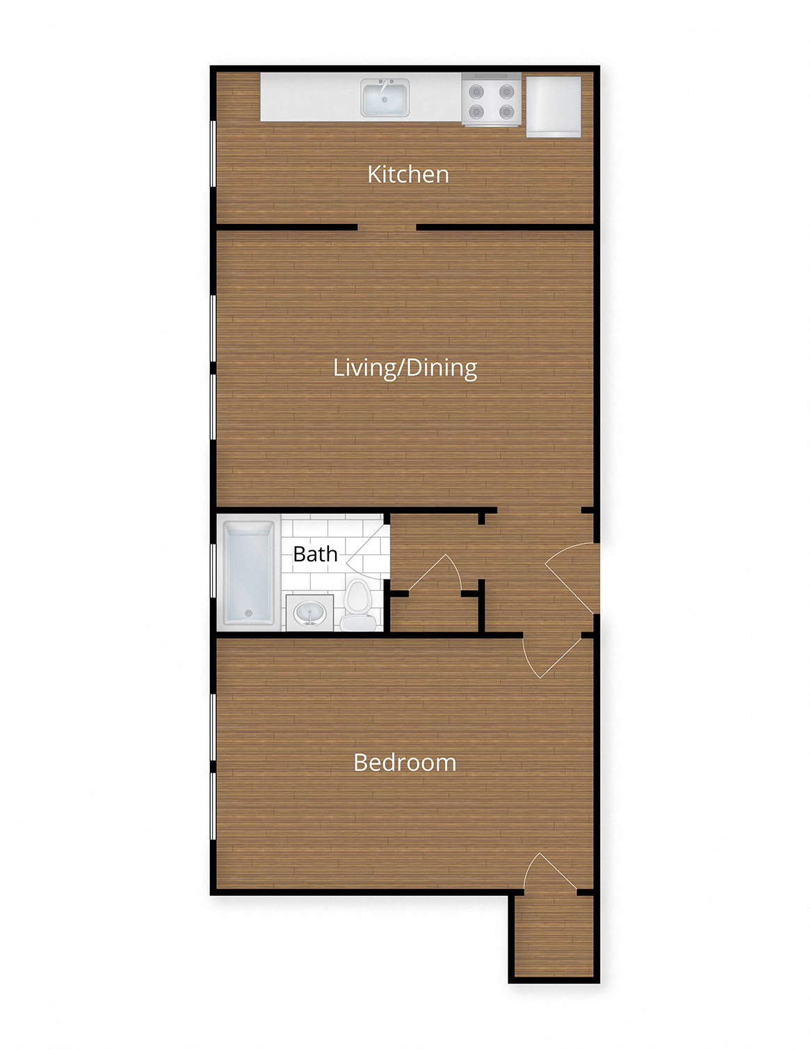 Floor plan for 1 bed, 1 bath, 614 sqft